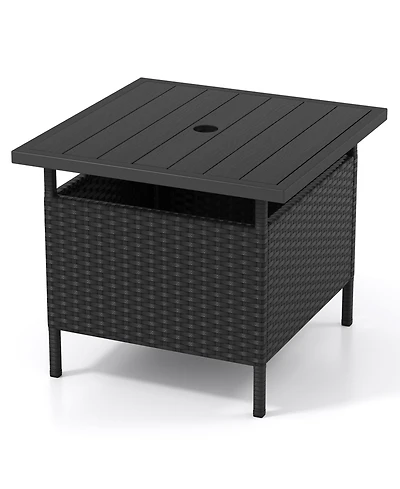 Patio Square Wicker Side Table with Umbrella Hole for Yard Garden Poolside