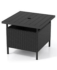 Patio Square Wicker Side Table with Umbrella Hole for Yard Garden Poolside