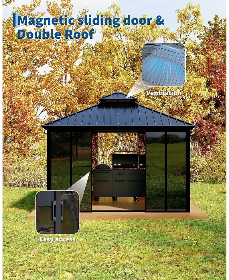 homfan 12 x 12 Feet Metal Roof Gazebo House Storage Workshop with Aluminum Alloy and Steel Frame and Acrylic Panels for Backyard, Patio, Party