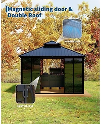 homfan 12 x 12 Feet Metal Roof Gazebo House Storage Workshop with Aluminum Alloy and Steel Frame and Acrylic Panels for Backyard, Patio, Party