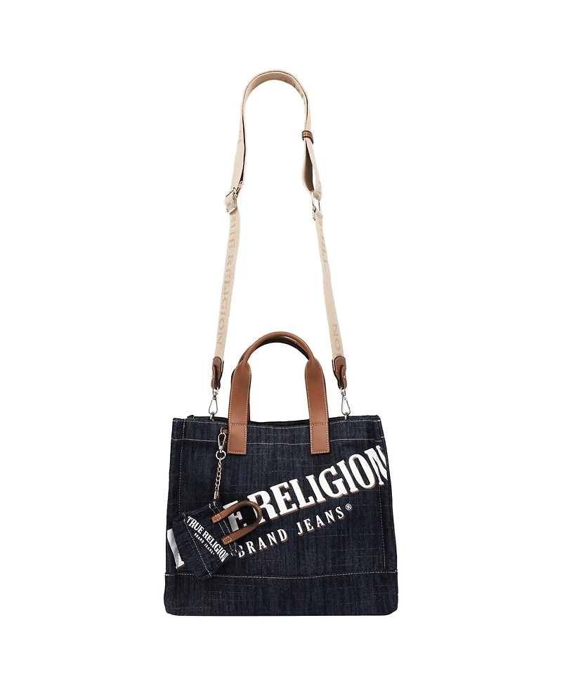 True Religion Women's Logo Denim Tote with Tote Dangle Charm