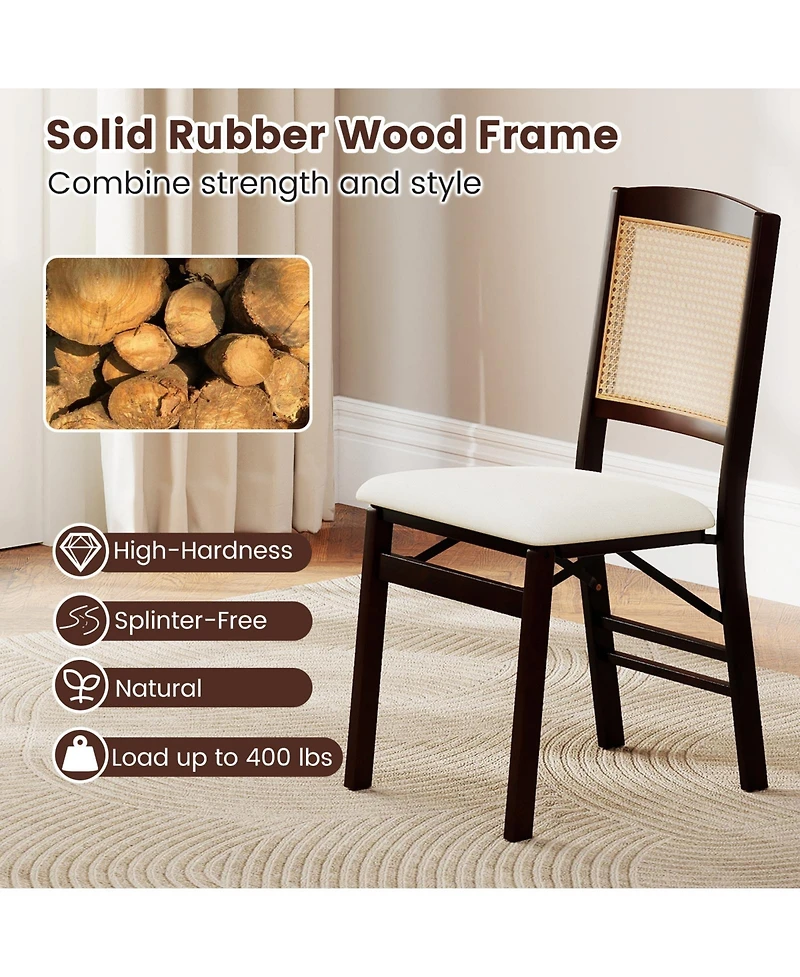 Gymax Folding Dining Chairs Set of 2 w/Linen Padded Seat and Rattan Backrest for Kitchen