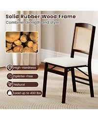 Gymax Folding Dining Chairs Set of 2 w/Linen Padded Seat and Rattan Backrest for Kitchen