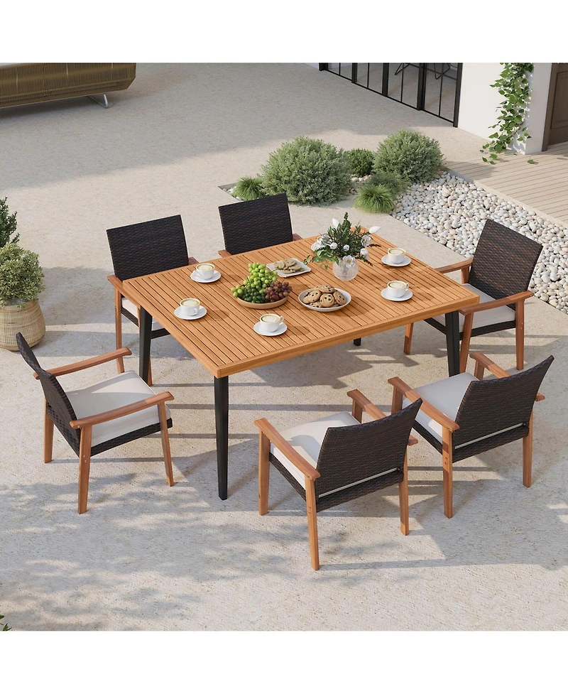 Gymax 63'' Outdoor Indoor Dining Table with Acacia Wood Slatted Tabletop Umbrella Hole