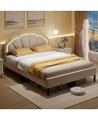 Costway Upholstered Led Bed Frame Soft Velvet Platform Bed with Flower Headboard