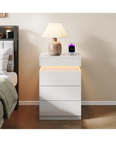 Rainsken Modern Wooden Nightstand with Charging Station and Led Light, 3 Drawers and Sliding Top Design, Multifunctional Bedside Table for Bedroom