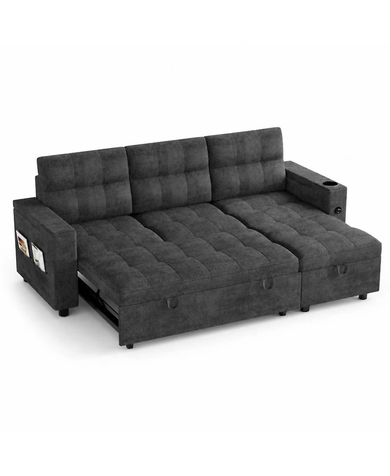 homfan Velvet Sectional Sofa Bed – Chaise Lounge Sleeper Couch with Usb Ports and Cup Holders for Living Room