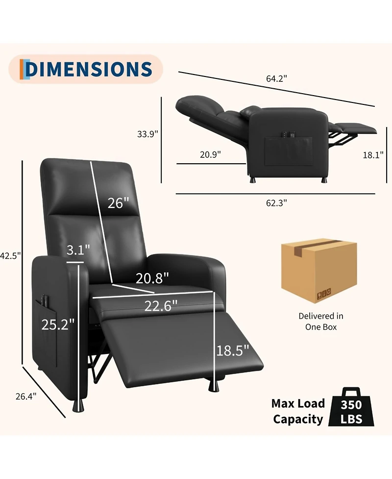 homfan Power Recliner Chair with Pu Leather, Adjustable Electric Recliner, Tall Back, Usb Port and Side Pockets