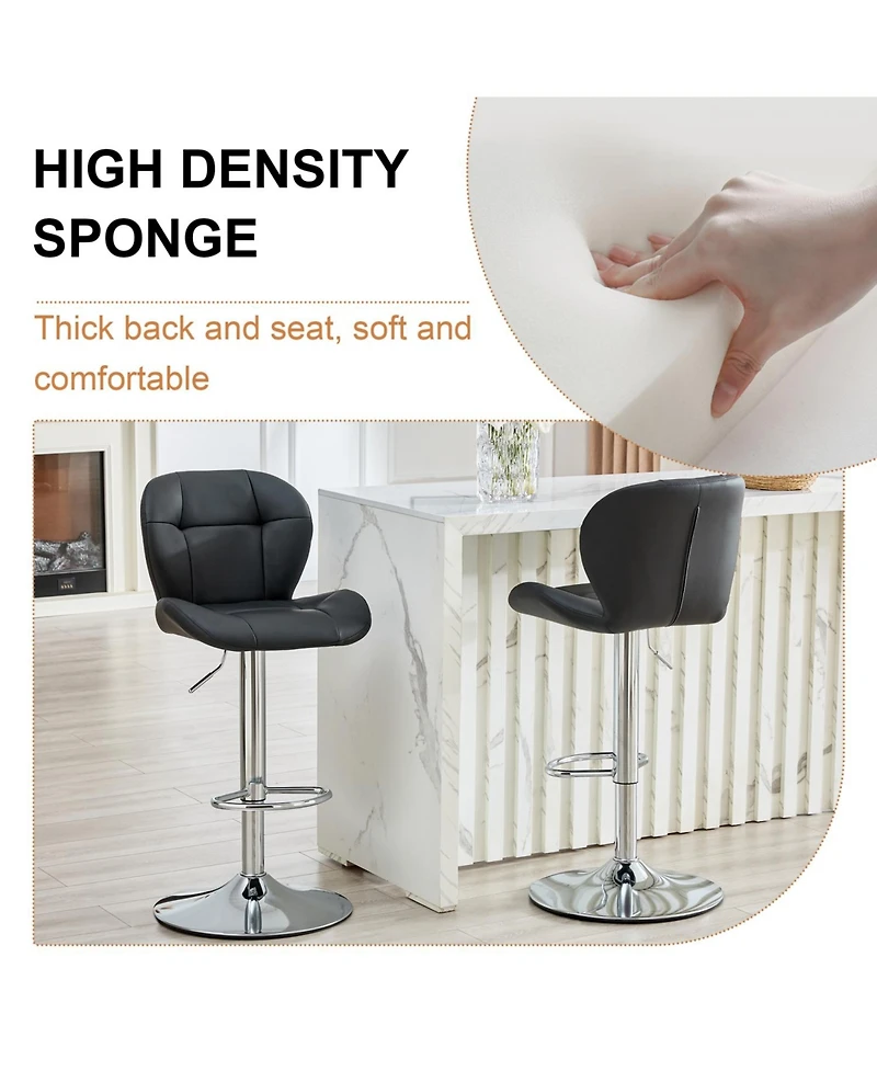 Rainsken Set of 2 Height Adjustable Bar Stools, with Chrome-Plated Metal Base, Pu Upholstered Tufted Backrest Chairs, for Bar Kitchen Dining Room