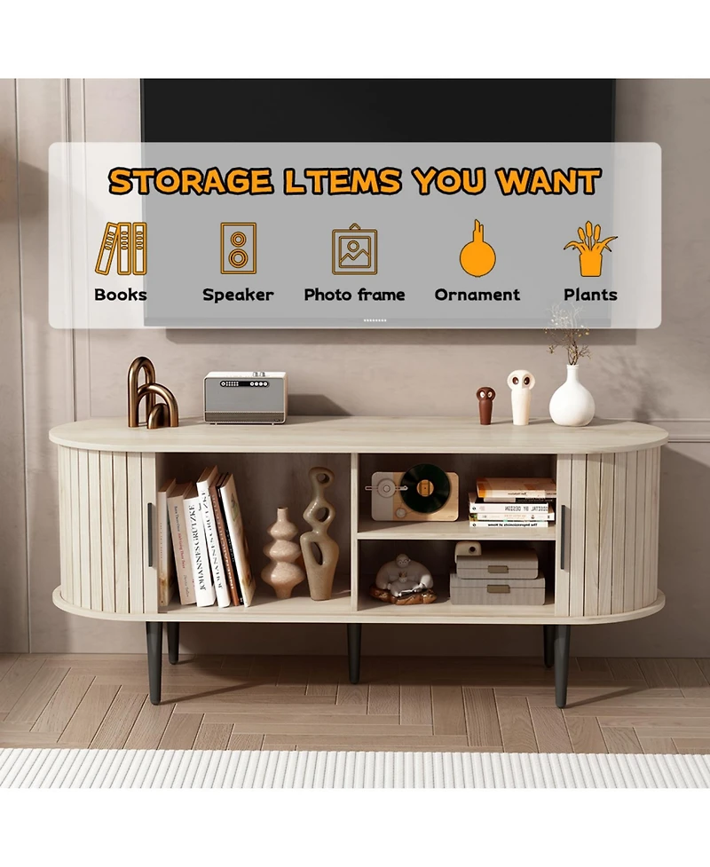 Rainsken 55" Modern Tv Stand, with Storage Compartment and Sliding Door, Entertainment Center Media Console Table, for Living room, Bedroom