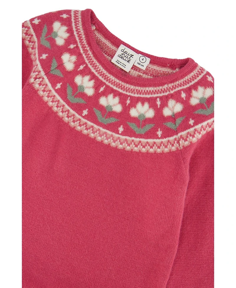 Deux par Deux Toddler Girls Knitted Dress with Flower Jacquard Raspberry