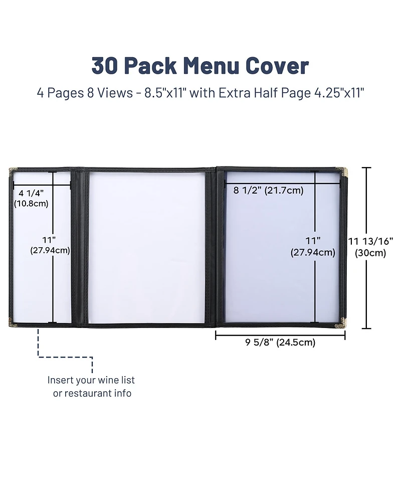 Yescom 30 Pcs Menu Covers 8.5x11" 4 Page 8 View and 4.25x11" Half Page Wine List