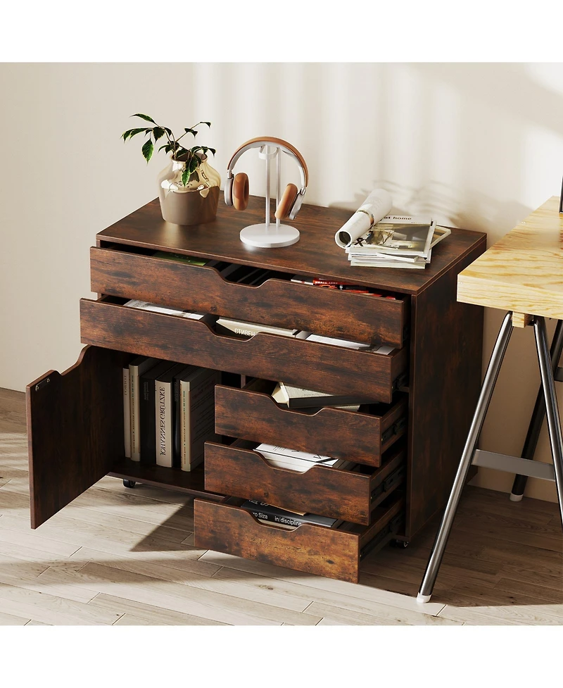 Vertical 5-Drawer Mobile Chest with Door and 5 Casters – Modern Storage Cabinet for Bedroom or Office
