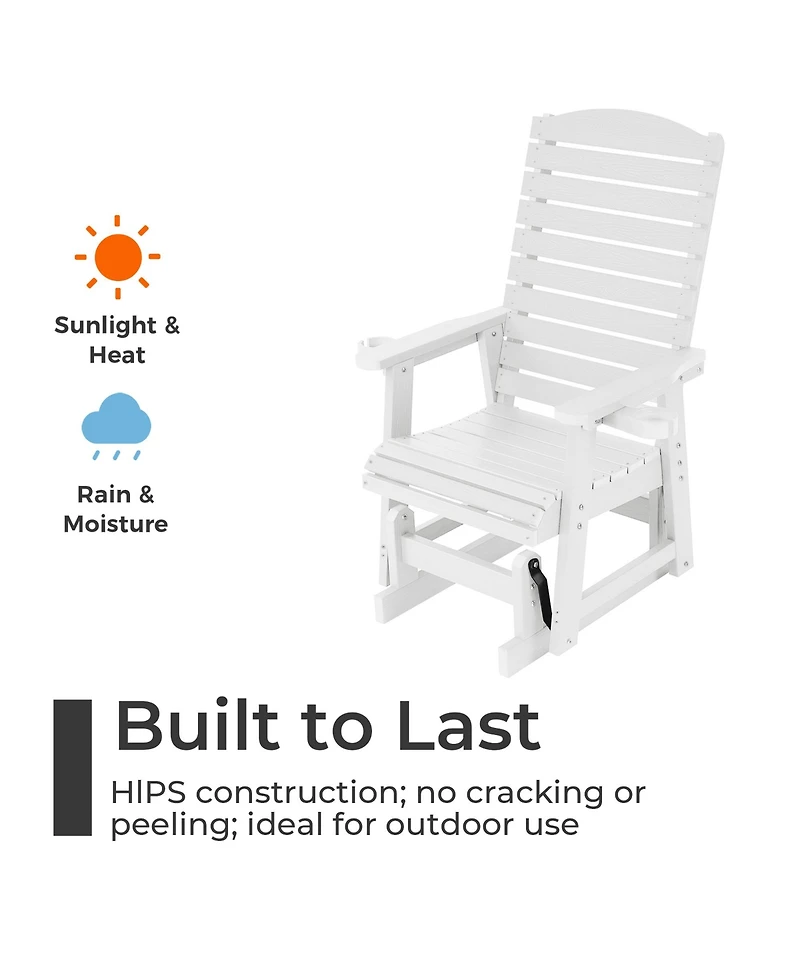 Mega Casa Poly Lumber Patio Glider for One Person, with Cup Holders, High Backrest and Deep Contoured Seat, Hips Material, All-Weather Resistant