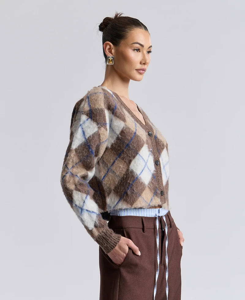 Avec Les Filles Women's Argyle Jacquard Cardigan