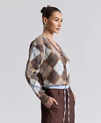 Avec Les Filles Women's Argyle Jacquard Cardigan