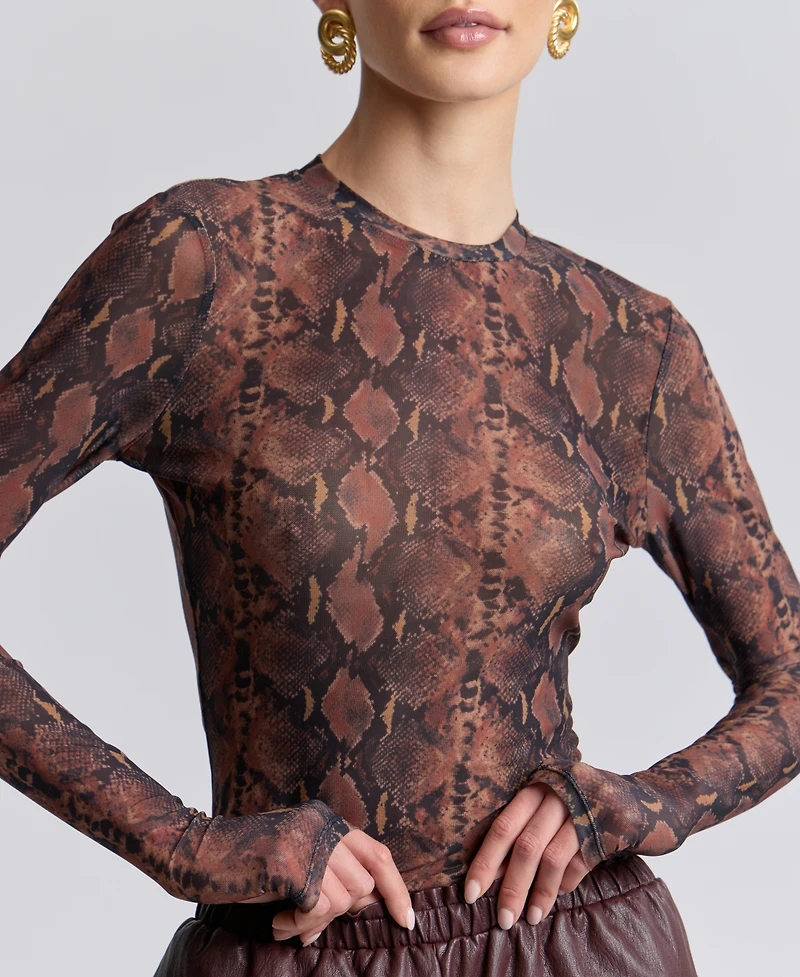 Avec Les Filles Women's Printed Long-Sleeve Mesh Top