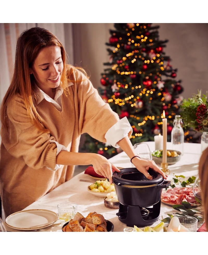 Alva Nori 2 Qt Enameled Cast Iron Fondue Set - Adjustable Burner & 8 Forks