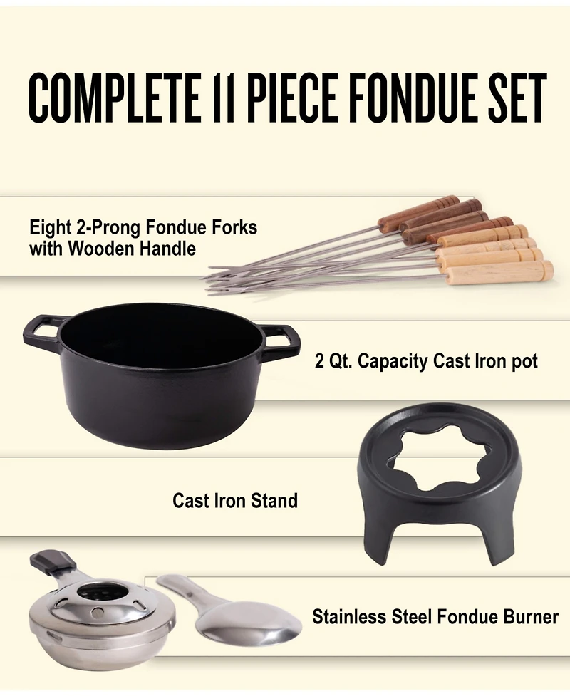 Alva Nori 2 Qt Enameled Cast Iron Fondue Set - Adjustable Burner & 8 Forks