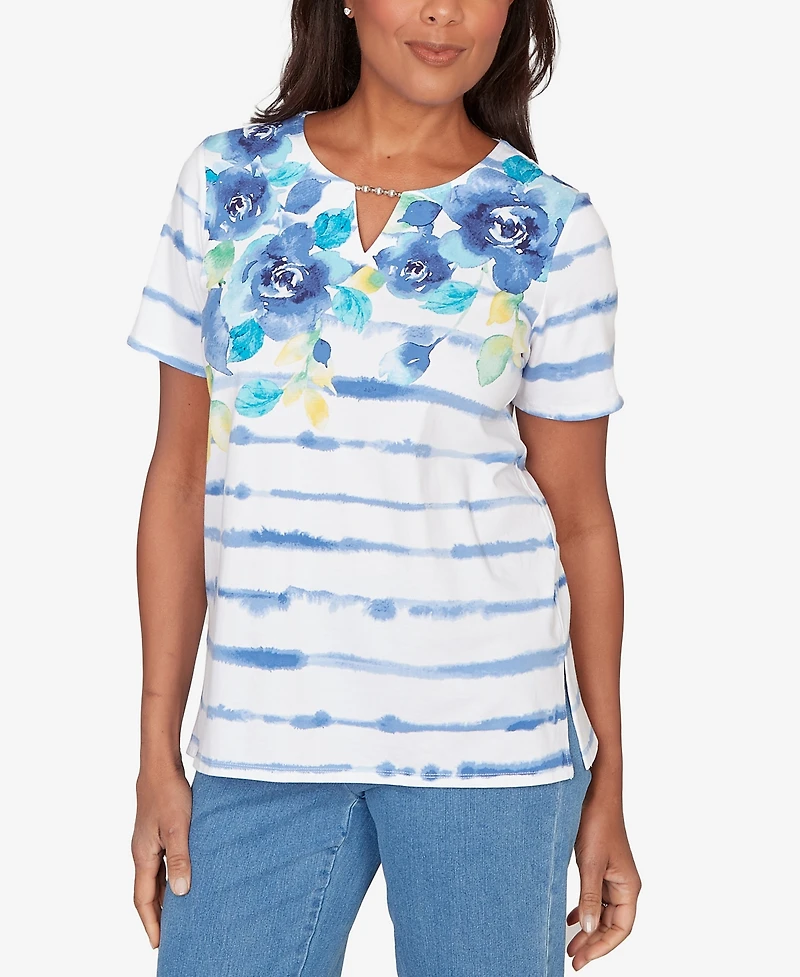 Alfred Dunner Women's Striped Floral Split Neck Top