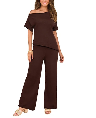 Cupshe Women's Knit Off-Shoulder Top and Wide Leg Pants Loungewear Set