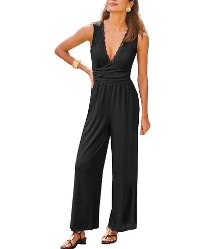 Cupshe Women's Lace Trim V-Neck Sleeveless Wide Leg Jumpsuit