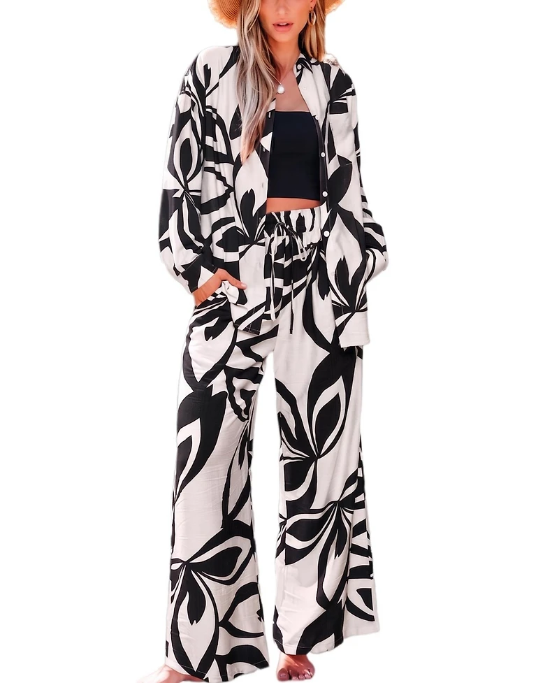 Cupshe Women's Abstract Leaf Print Button-Down Shirt and Wide Leg Pants Matching Set