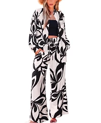 Cupshe Women's Abstract Leaf Print Button-Down Shirt and Wide Leg Pants Matching Set