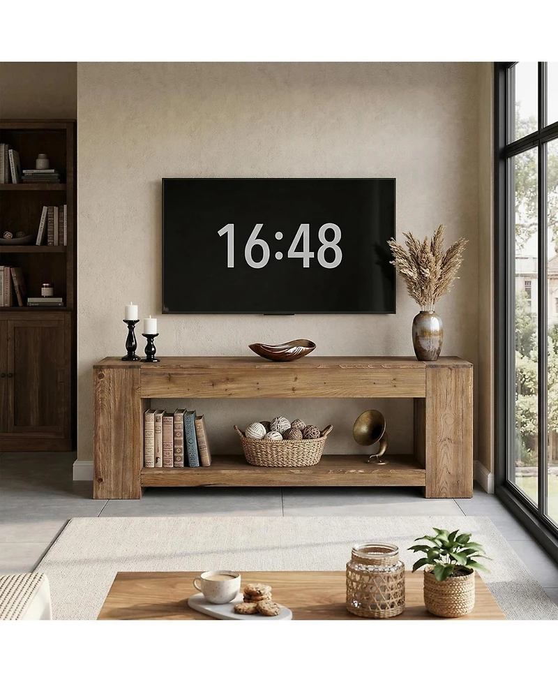 Tribesigns 63" Solid Wood Tv Stand for TVs up to 75 Inches, Farmhouse Long Entertainment Center with Open Storage Shelf