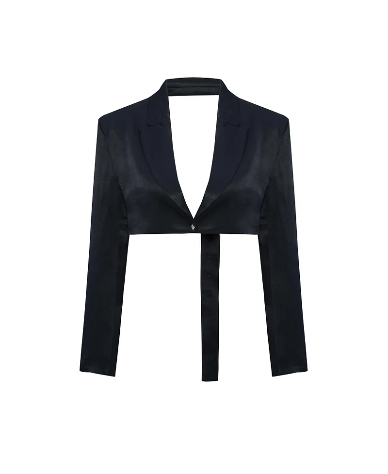 Pcfg Women's Linen-Blend Shiny Cropped Belted Woven Jacket