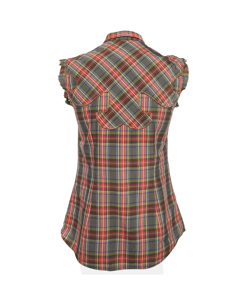 Pre-Owned Dolce & Gabbana Plaid Cotton Pearl Snap Button Detail Sleeveless Shirt