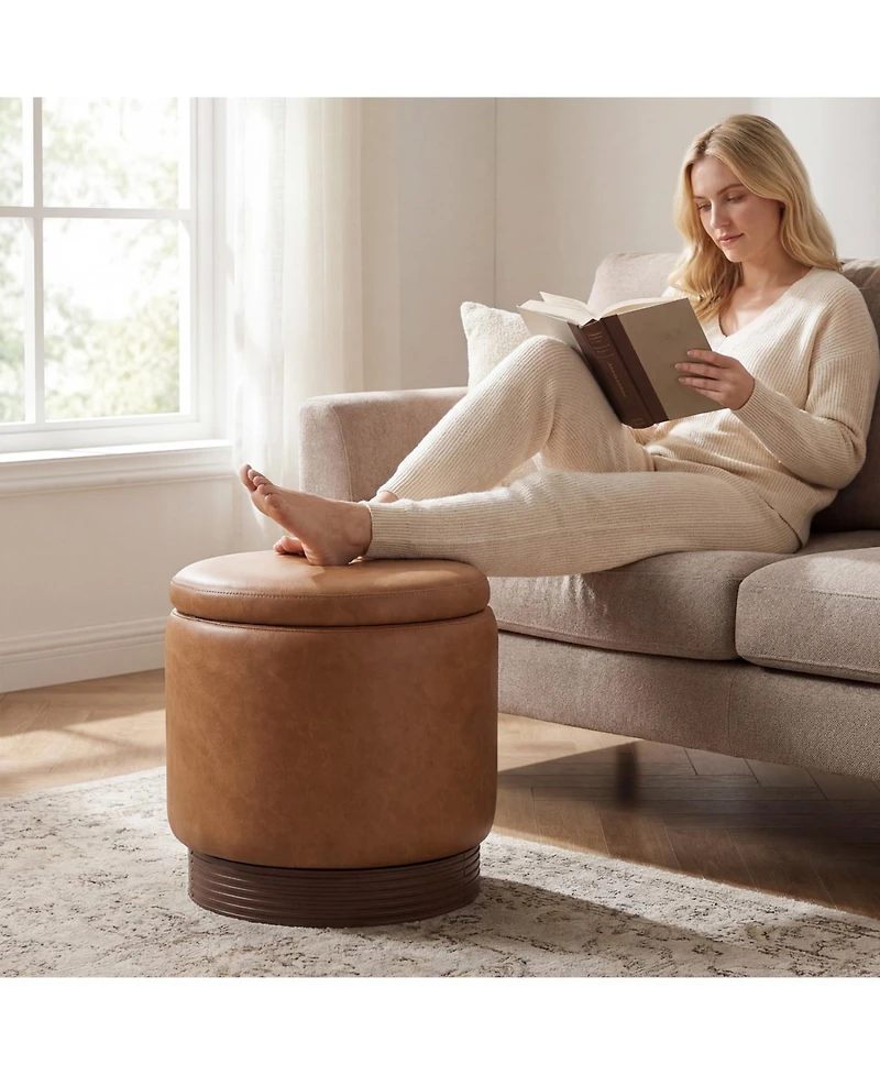 Slickblue Round Ottoman with Hidden Storage and Acacia Wood Frame for Living Room