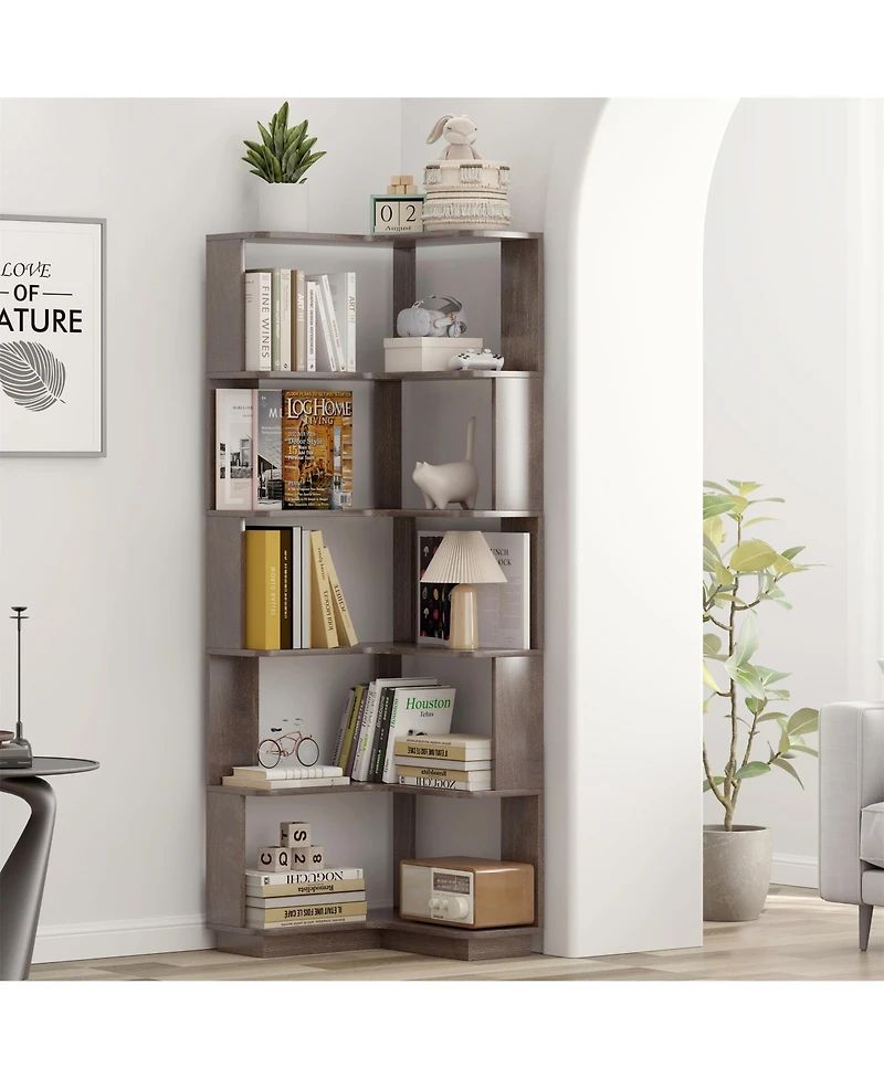 Clihome 6 Tier Freestanding L-Shaped Corner Bookshelf, Wooden Bookcase Display Shelf Open storage rack Organizer