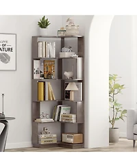 Clihome 6 Tier Freestanding L-Shaped Corner Bookshelf, Wooden Bookcase Display Shelf Open storage rack Organizer