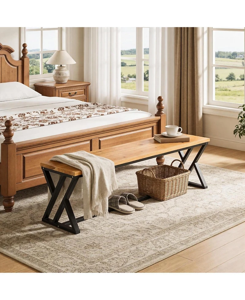 Tribesigns Solid Wood Entryway Shoe Bench, 55" Long End of Bed Bench with Metal Legs