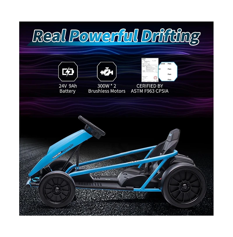 homfan 45.7 x 23.1 11.4 Inch Kids Electric Drift Go Kart, 24V High Speed Racing Kart with 2 Batteries, Metal Frame for Outdoor Driving Fun