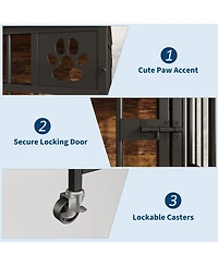 homfan 41 Dog Crate Furniture with Triple Doors and Feeder – Indoor Pet Kennel with 2 Bowls, Lockable Wheels, Bolt-Latch Doors