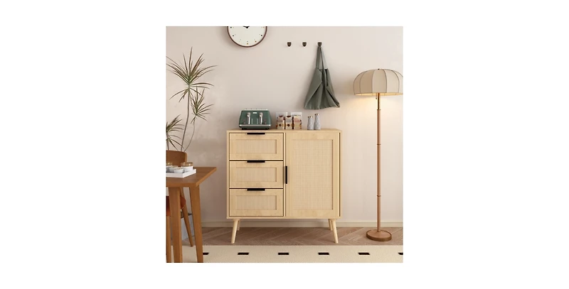 Flynama Modern Rattan Wood Dresser 3 Drawer Storage Cabinet with Adjustable Shelf Anti Tip
