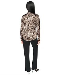 Dkny Petite Printed Satin Long-Sleeve Collared Top