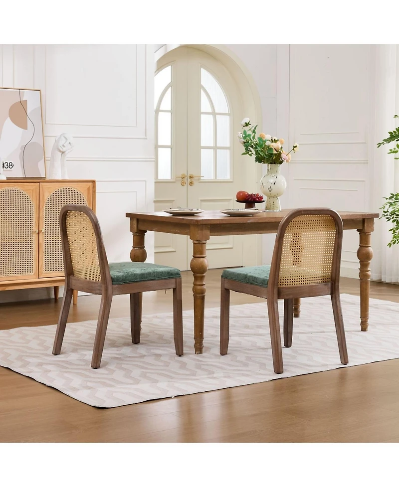 Rainsken Curved Arched Cane Back Dining Chairs Set of 2, Chenille Cushion, Solid Wood Frame, for Living Room