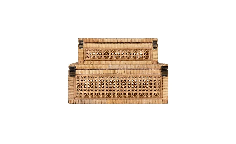 Storied Home Woven Rattan and Wood Display Boxes with Glass Lids, Set of 2 12.5 x 6.75 x 4.25 and 15.5 x 9.5 x 6 inches