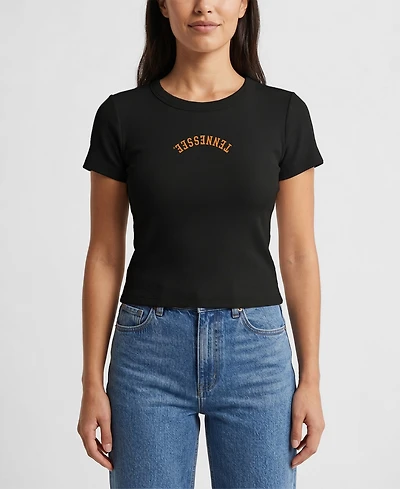 Uscape Apparel Women's Black Tennessee Volunteers Upside Down Embroidery Ribbed Cropped T-Shirt