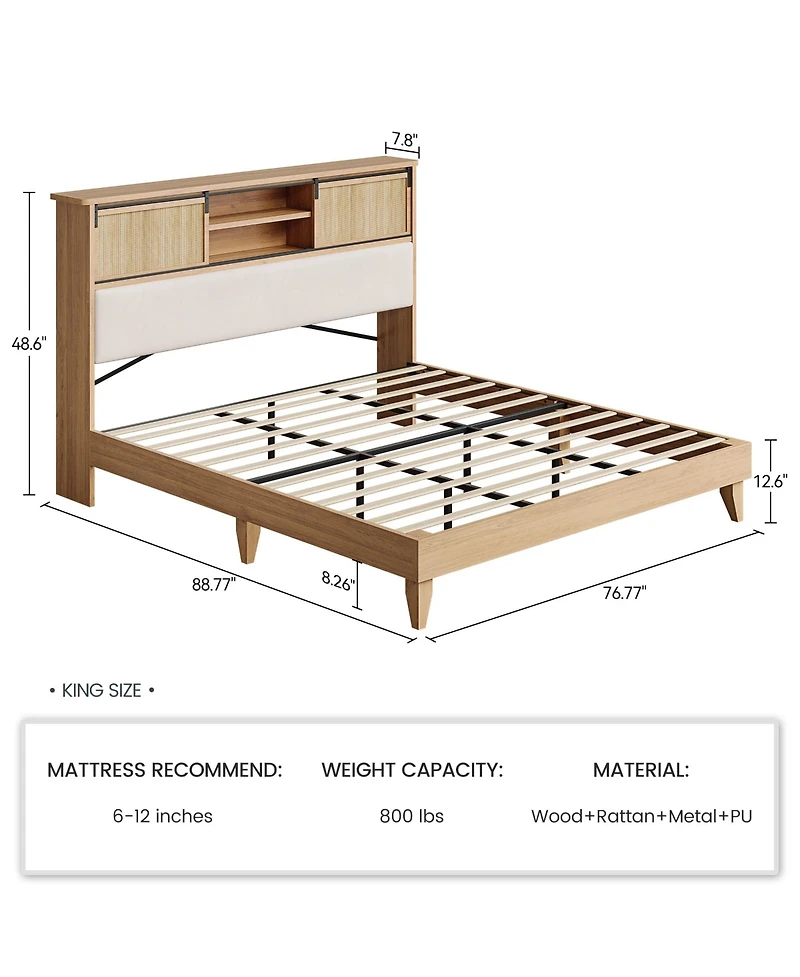 homfan King Size Oak and Rubber Wood Rattan Platform Bed, Noise-Free Pine Slat Support Bed Frame, Tool-Free Quick Assembly Bedroom Bed