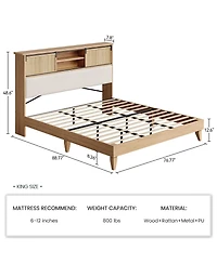 homfan King Size Oak and Rubber Wood Rattan Platform Bed, Noise-Free Pine Slat Support Bed Frame, Tool-Free Quick Assembly Bedroom Bed