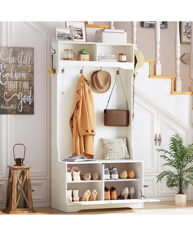 Slickblue Hall Tree with Coat Hooks, Bench and Shoe Storage for Entryway