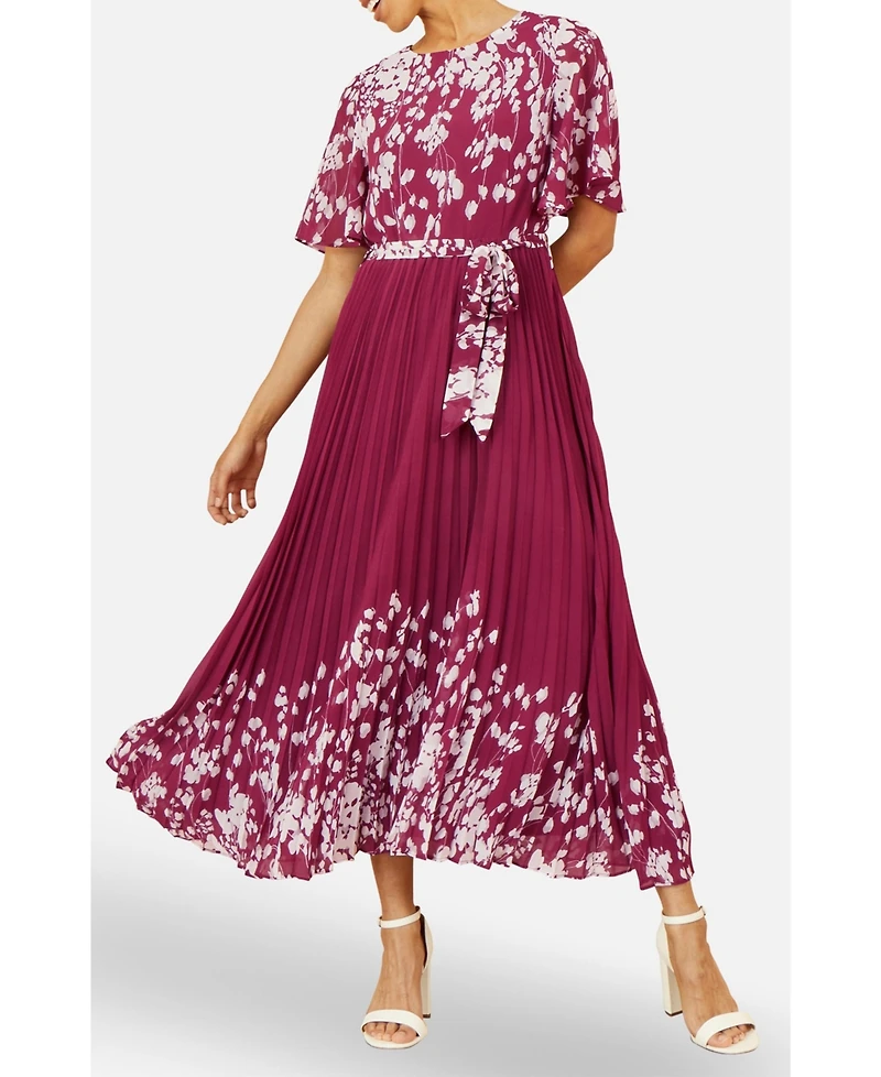 Yumi Women's Short Sleeve Pleated Midi Dress