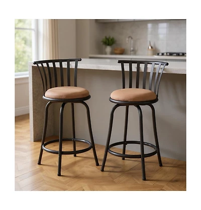 HomeRoots Set of Two 24" Microfiber and Metal Low Back Counter Height Swivel Bar Chairs