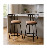 HomeRoots Set of Two 24" Microfiber and Metal Low Back Counter Height Swivel Bar Chairs