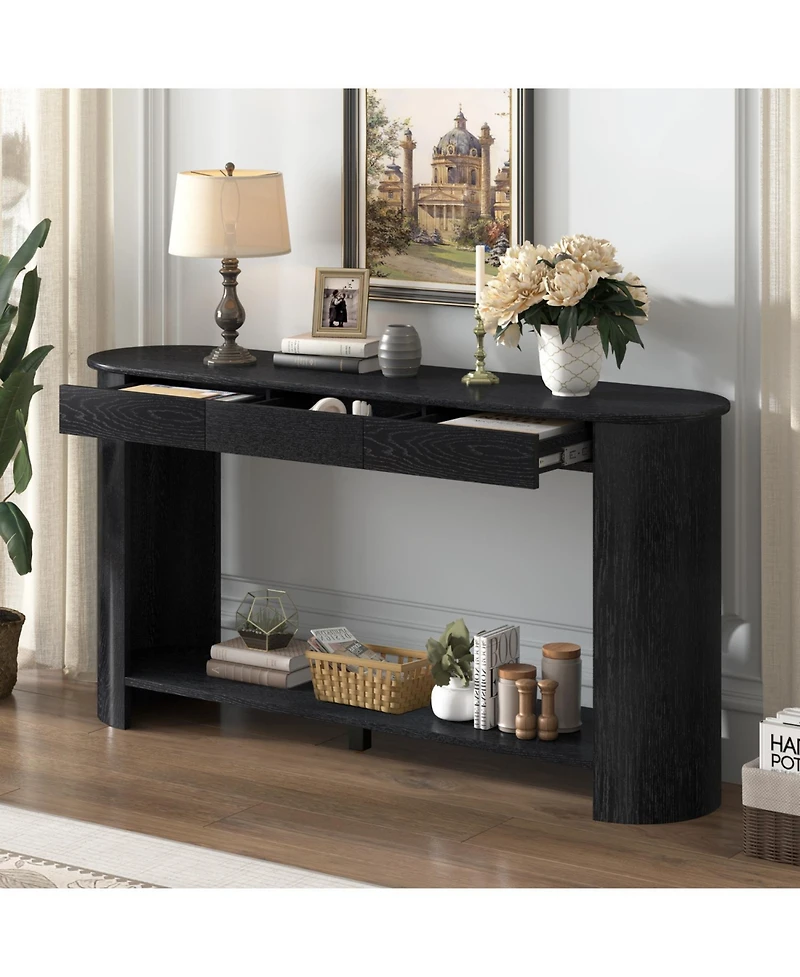 Rainsken Farmhouse Console Table, with 3 Top Drawers and Bottom Shelf, Semi-Circular Design, for Living Room Hallway Foyer Corridor