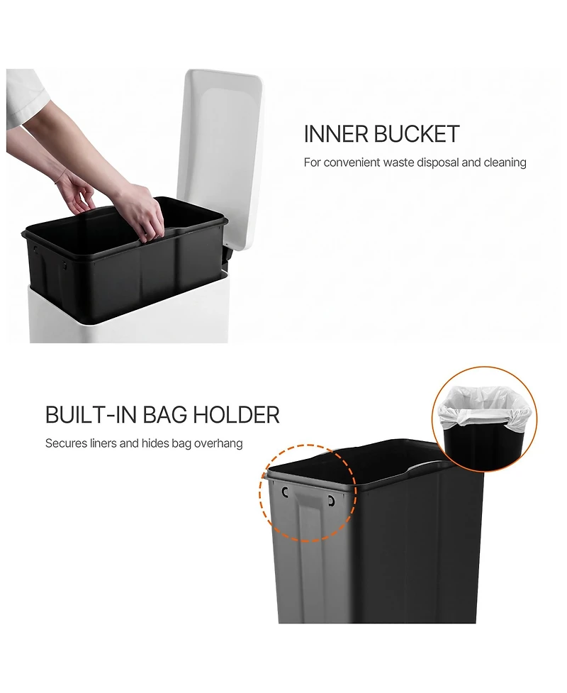 Mega Casa 12 Gal/45 Liter Slim Stainless Steel Step-on Kitchen Trash Can, Hands-Free Foot Pedal, Soft-Close Lid, for Home Office